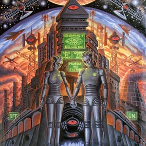 Awakening original oil painting sci fi cyberpunk robot mind control dystopian retrofuturism retro sci fi surrealism dark art