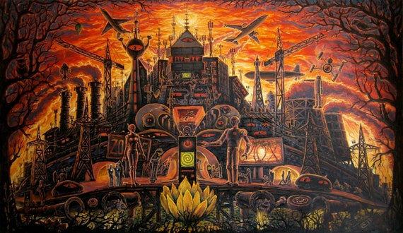 Dark City original oil painting surrealism dark art cyberpunk robots future horror conspiracy mind control