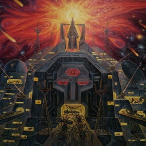 May include: A surreal painting depicting a futuristic cityscape with a large, ominous structure at the center. The city is surrounded by a swirling red and orange sky filled with stars and shooting stars. The structure has a large, red eye in the center and is guarded by several smaller structures. The painting is full of detail and has a dark and mysterious atmosphere.
