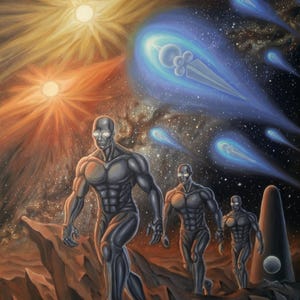 Peut inclure: Peinture à l'huile représentant trois figures métalliques marchant sur un terrain rocheux. L'arrière-plan présente des corps célestes et des objets bleus brillants en forme de comète. La palette de couleurs comprend des nuances de gris, d'orange et de bleu.