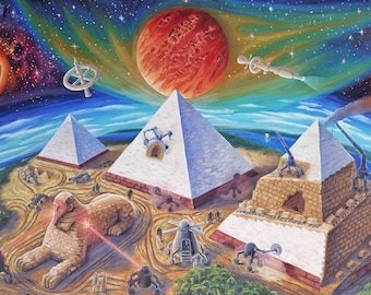 古代ピラミッドの壁画、エジプト上空のSF宇宙船、ヴィンテージ