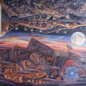 Space values original oil space painting on canvas spaceart cyberpunk sci fi surreal aerospace rocket retrofuturism spaceship masterogon