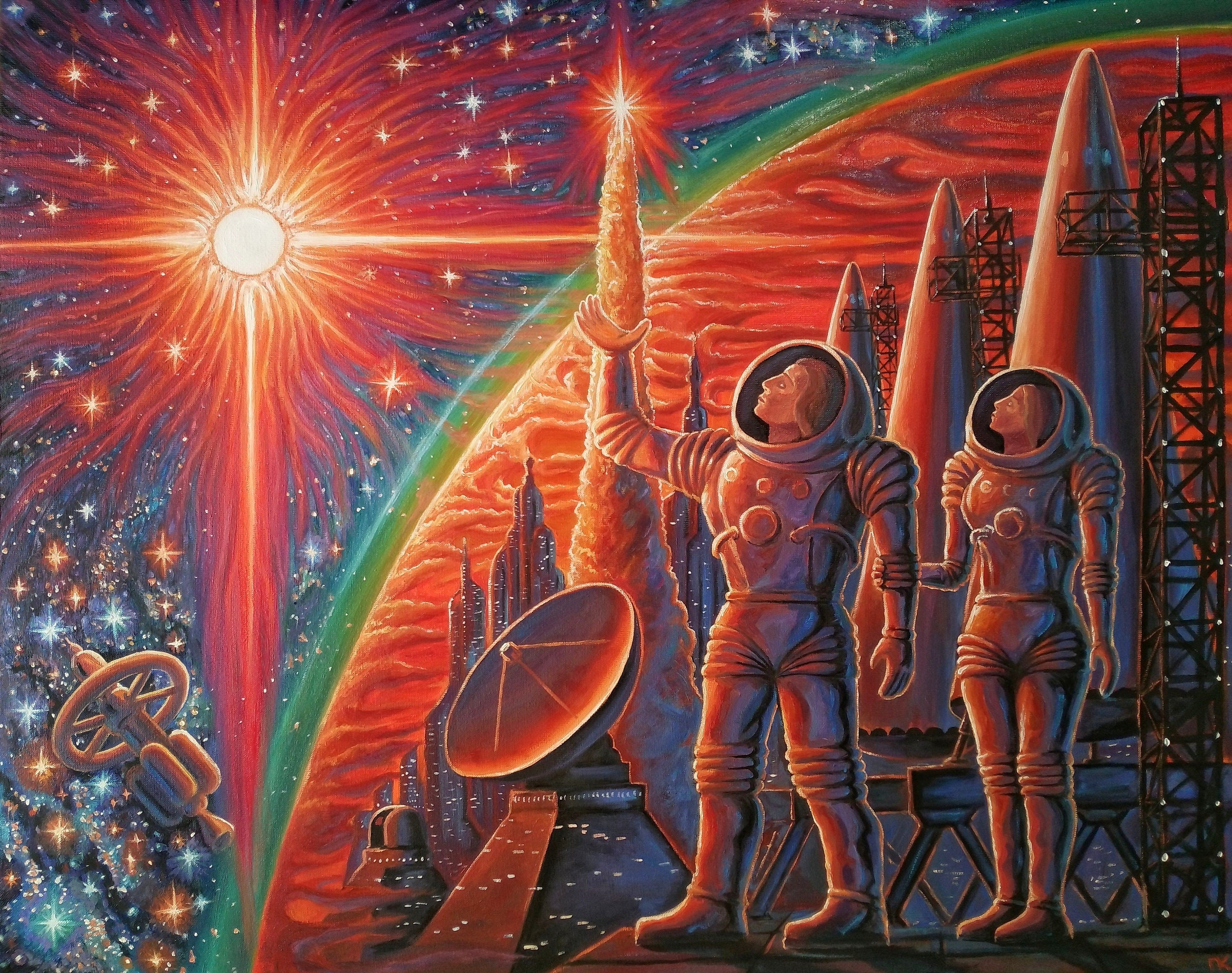 Amanecer original arte espacial pintura al óleo sobre lienzo astronauta  retro ciencia ficción, image size:3000x2370