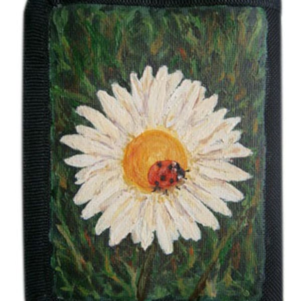 Wallet with hand-painted chamomile, ladybug art.