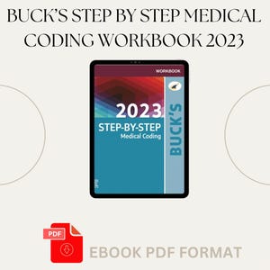 Puede incluir: Una cubierta azul y roja de un libro de trabajo de codificación médica titulado "Buck's Step-by-Step Medical Coding Workbook 2023". La cubierta presenta el año 2023 y el título "Codificación médica paso a paso".