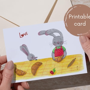 Printable Card – Mother and Baby Bunny - Cute Animal Illustration – Digital Download – Mother&#39;s Day Card