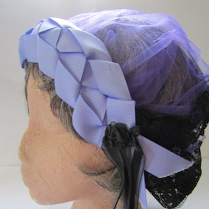 Head Piece Hand Made Purple Grograin Ribbon Braid Netting Black Lace Hair Clips Civil War Reenacting HP3