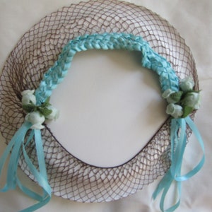 Hair Net Light Teal Ribbon Braid Pale Blue Rosebuds Decoration Civil War Renaissance HN71