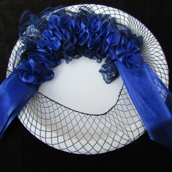 Hair Net Black w Blue Lace & Ribbon Braid Trim Victorian Civil War Renaissance Hand Made HN79