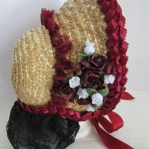 Straw Bonnet Reconstructed Reshaped Country Red Ribbon Braid Trim Roses Rosebud Decorated Handmade Civil War Victorian 1860s Era Reenactment