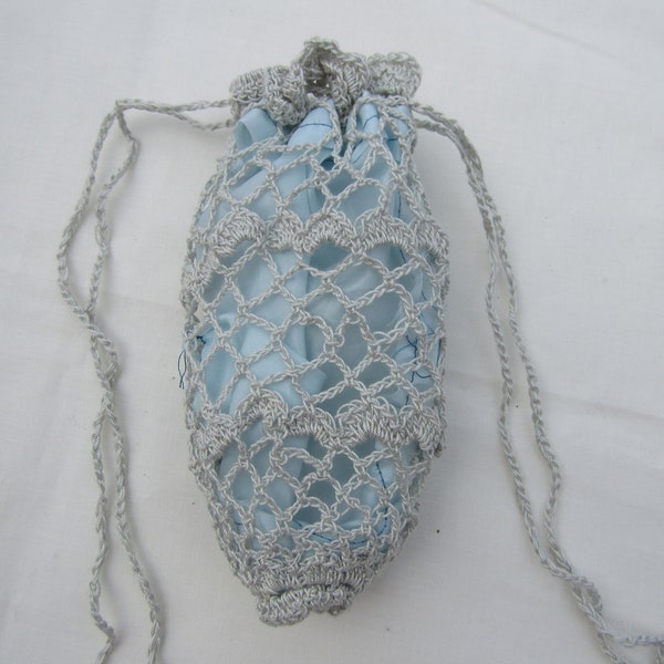 Drawstring Bag Reticule Pale Blue Hand Crochet Civil War Renaissance Victorian RC42