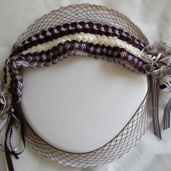 Hair Net Brown Off White Hand Braided Ribbon Trim Decoration Civil War Renaissance HN75