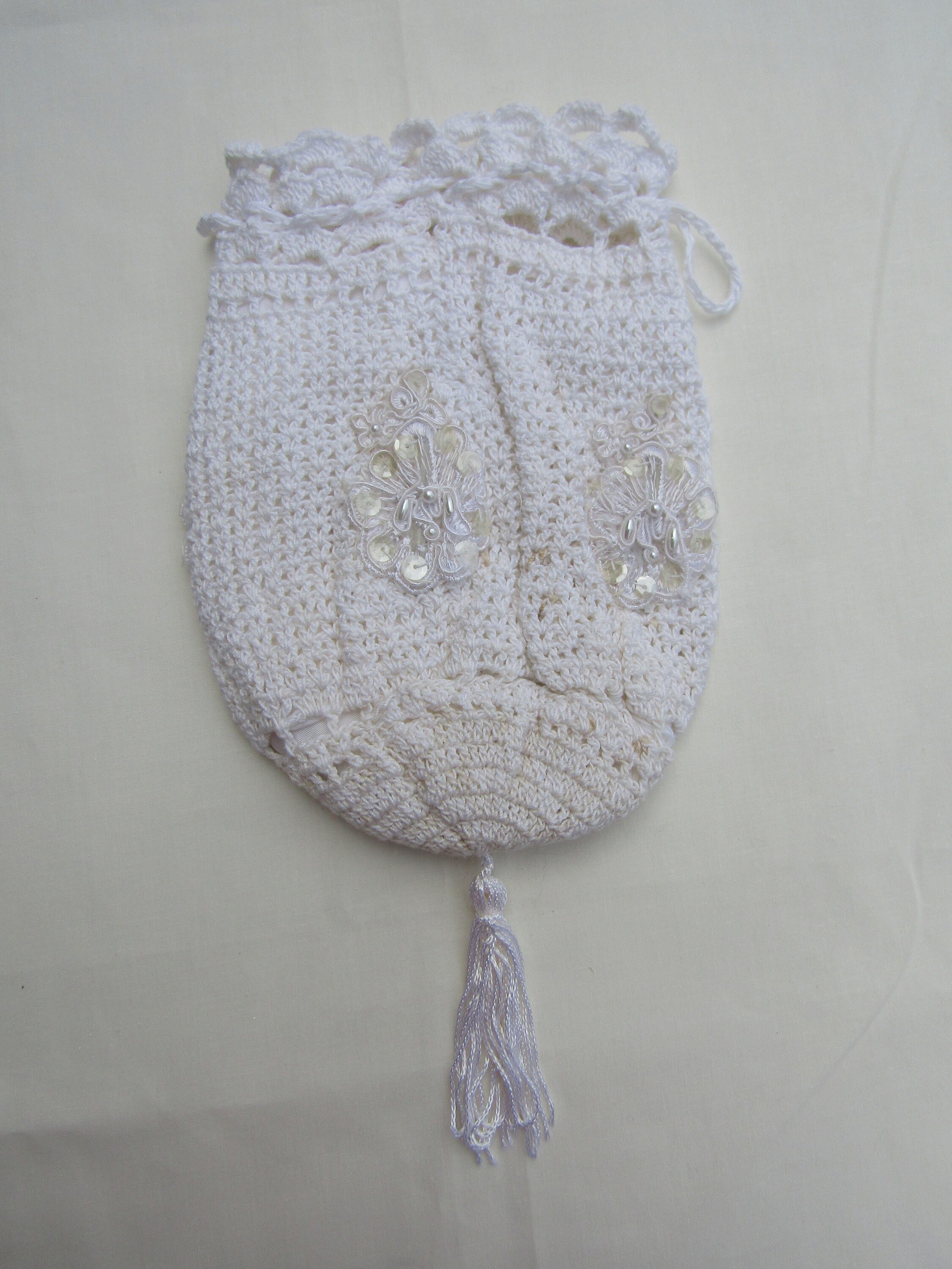 Drawstring Bag Reticule White Appliques Sequins Beads Hand - Etsy