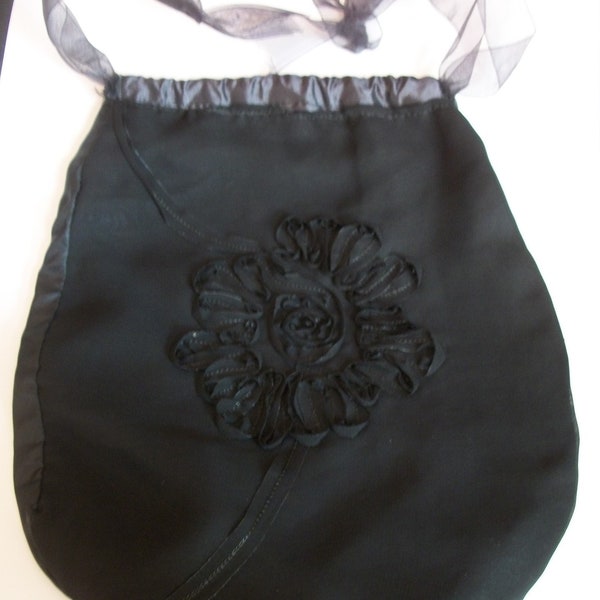 Black Fabric Bag Drawstring Reticule Ribbon Embroidery Civil War Renaissance RC1