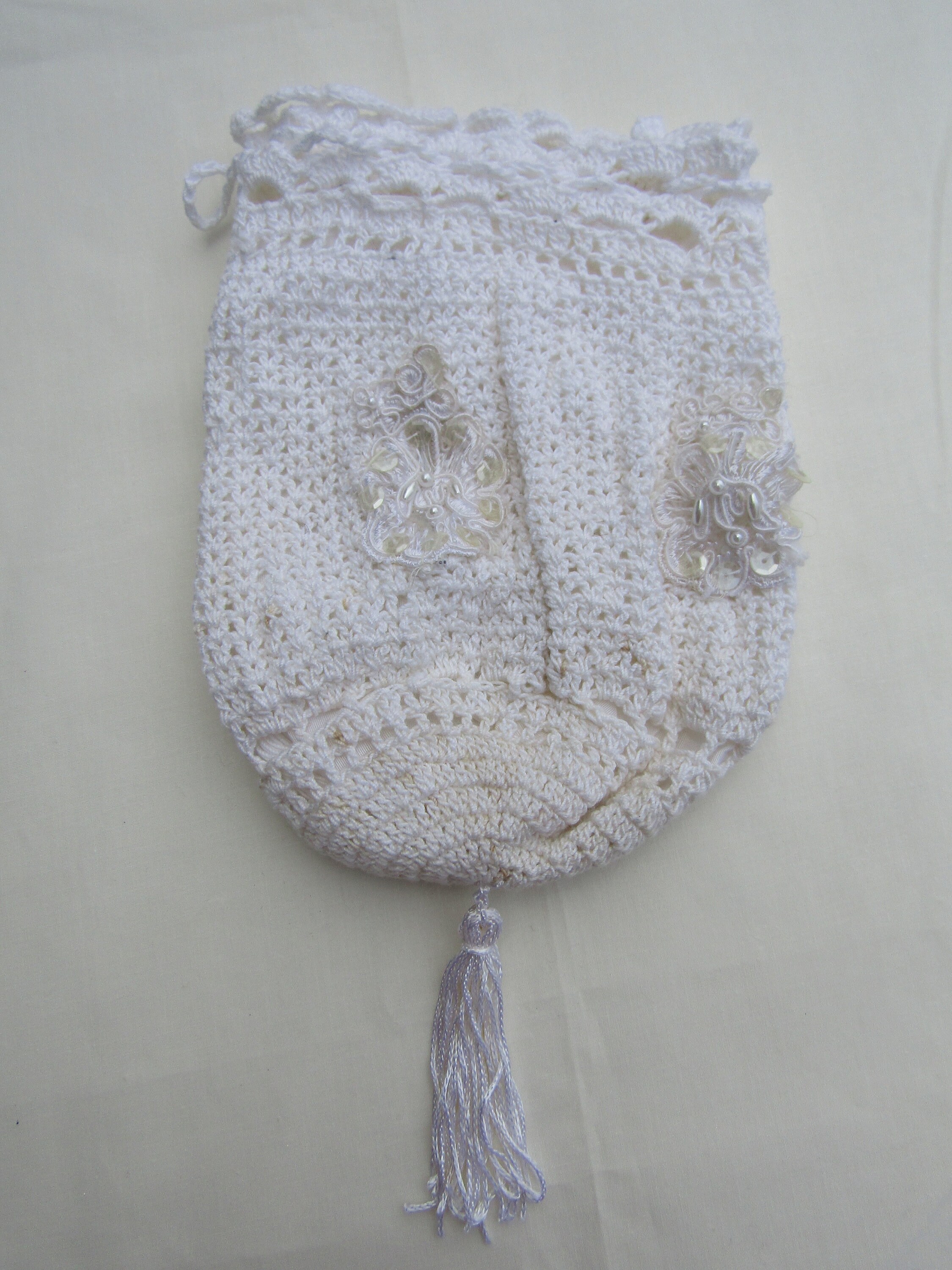 Drawstring Bag Reticule White Appliques Sequins Beads Hand - Etsy
