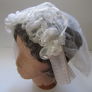 Head Piece Hand Made White Offray Ribbon Ruching Lace Netting Hair Clips Civil War Reenacting HP4