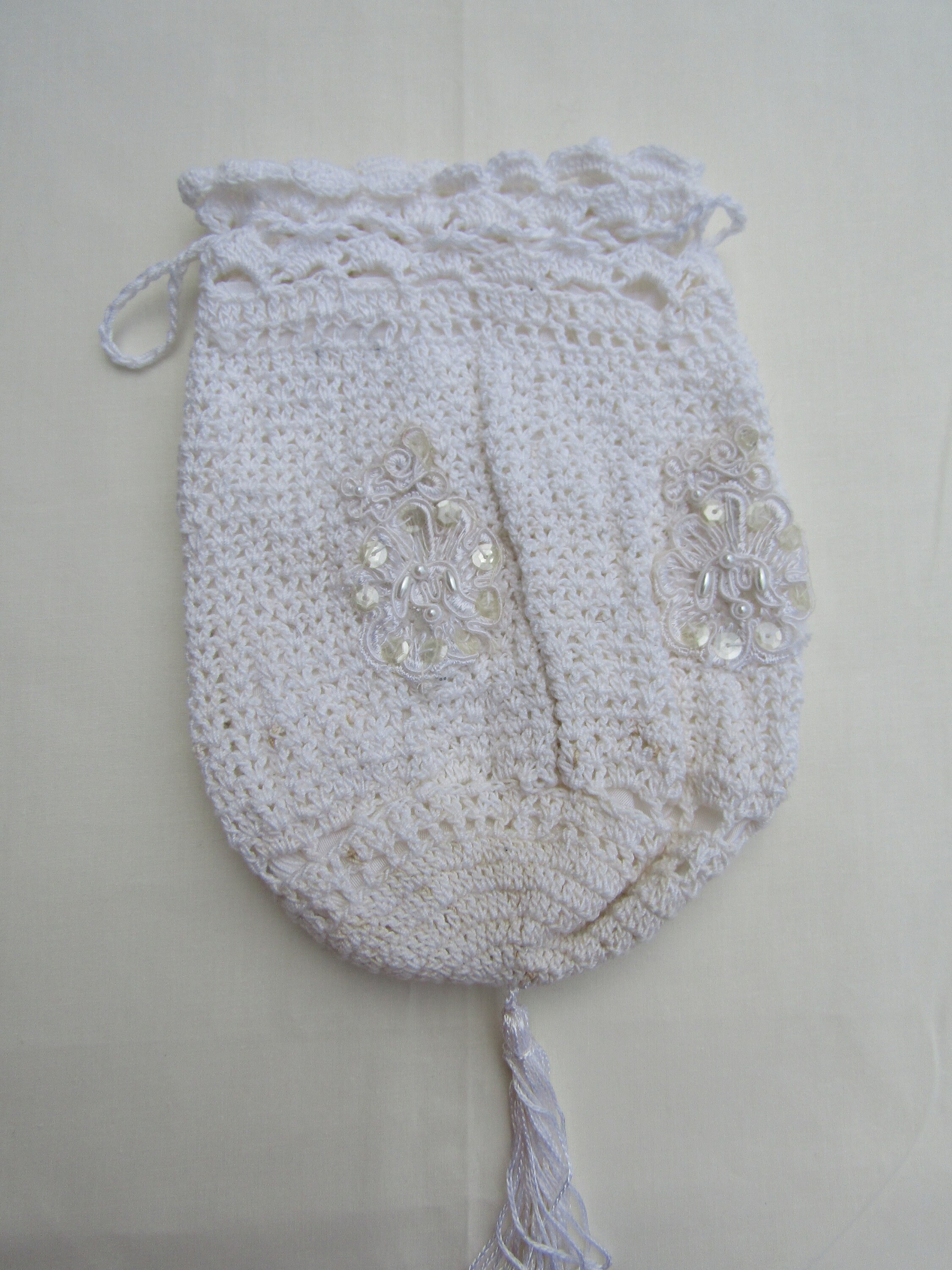Drawstring Bag Reticule White Appliques Sequins Beads Hand - Etsy