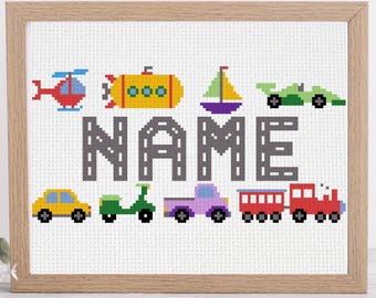 Custom Name Cross Stitch Pattern with Transport Vehicles – Personalized with Car, Truck, Helicopter, Submarine, Bicycle & More