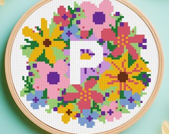 Letter P Cross Stitch Pattern - Floral, Alphabet, Initial, Name