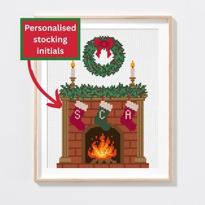 Custom Christmas Fireplace Cross Stitch Pattern - Personalized Stockings with Family Initials, Holiday Decor, Gift, PDF Digital Download