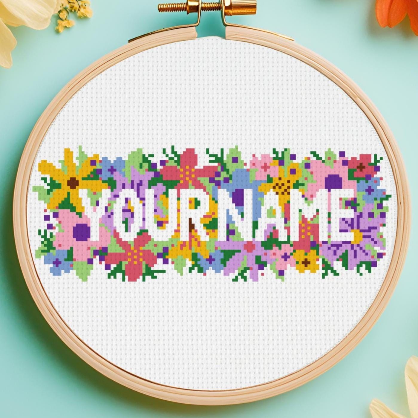 Custom Cross Stitch Pattern with Your Name or any Word You Choose - Personalized, Floral (including free Cross Stitch Fonts file)