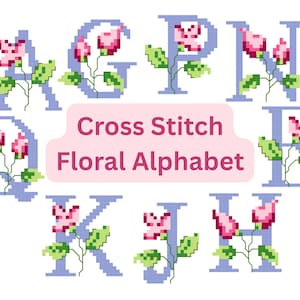 Könnte beinhalten: Kreuzstich-Blumenalphabet - Buchstaben A, G, P, N, Q, K, J, H mit rosa Blumen und grünen Blättern auf hellblauem Hintergrund.
