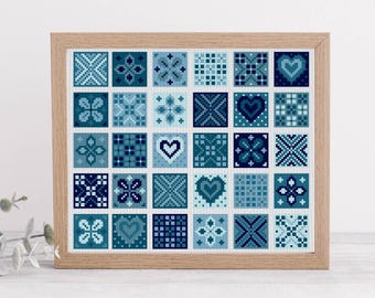 Blue China Tile Cross Stitch Pattern PDF – Mosaic Modern Geometric Sampler with Hearts – Instant Download Embroidery Chart Willow