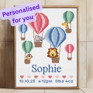 Personalised Baby Announcement Cross Stitch - Animals in Hot Air Balloons - Nursery Wall Art, Gift (including free Cross Stitch Fonts file)