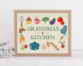 Grandma&#39;s Kitchen Sign Cross Stitch Pattern – Grandparent Gift, Cooking, Baking, Kitchen Decor, Vegetables, Pastry, Fruit, Coffee, Tomato