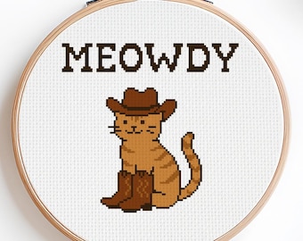 Meowdy Cat Cross Stitch Pattern - Funny Cowboy Cat PDF Cute Cartoon Cat in Cowboy Hat and Cowboy Boots Instant Download Embroidery