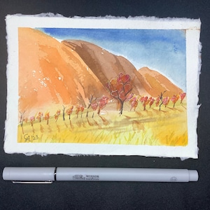 Uluru, australisches Outback, A6 mini Aquarellmalerei, Farbtupfer, aufregender Urlaub, handgefertigtes Original, Ayres Rock