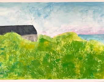 Catterline Scotland, szkocki domek, sztuka półabstrakcyjna, format A4