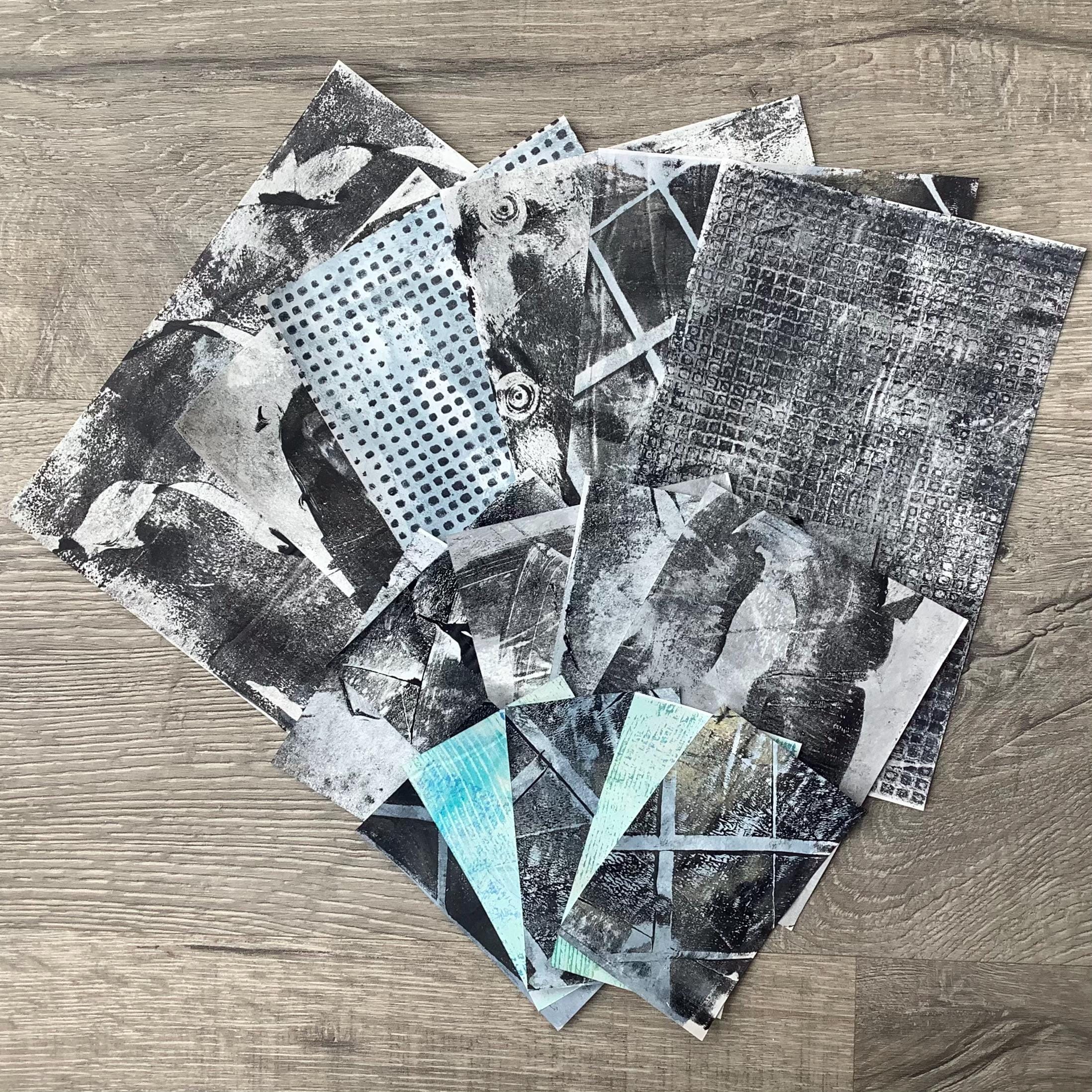 Gel print collage paper kit, grey tones, scrapbooking, 16 pieces, bold patterns