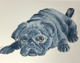 Akwarela przedstawiająca mopsa: Oryginalny wydruk artystyczny przedstawiający psa (A4)