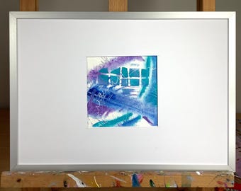 Abstrakcyjny niebieski batonik czekoladowy, białe kształty, malarstwo akrylowe na papierze, 4x4 cale