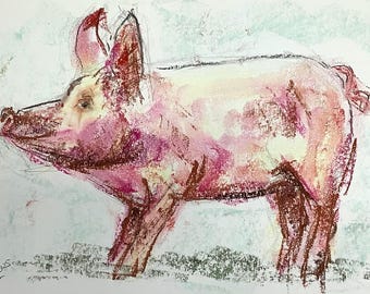 Oryginalna sztuka pastelowa, różowa świnka, wyjątkowa dekoracja ścienna, jedyny w swoim rodzaju obraz