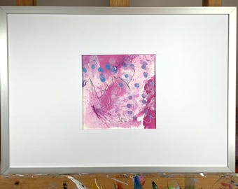 Uroczy mały obraz, różowo-białe kształty z fioletowymi plamkami, świetny prezent, małe dzieło sztuki, 4x4