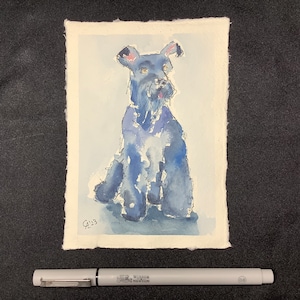 Kerry blue Terrier, Woolley terrier, perro esponjoso, perrito gris azul, arte pequeño, mini pintura A6, pop de color, regalo único, original hecho a mano