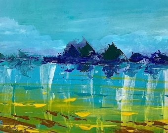 Obraz pejzażu morskiego w Górach Błękitnych: półabstrakcyjny obraz akrylowy (format A4)