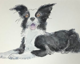 Akwarela przedstawiająca border collie: Oryginalny wydruk artystyczny psa (A4)