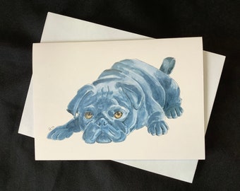 Kartka z pozdrowieniami dla mopsa: Sztuka zmęczonego pieska, krótka notatka