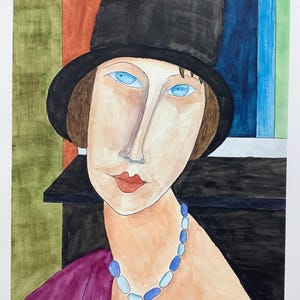 Modigliani, Jeanne Hébuterne, cappello e collana, ritratto di donna, ritratto astratto, bella donna