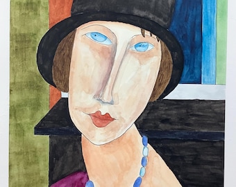 Modigliani Jeanne Hebuterne Portret akwarelowy - wydruk artystyczny A4