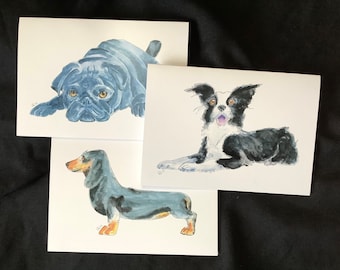 Zestaw kartek okolicznościowych z rasami psów: jamnik, border collie, mops