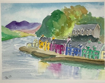 Isle of Skye, Portree, Scotland, Scottish Isles, colourful houses, reflections, UK landmark, watercolour and pen, loose painting, ArtyCal,