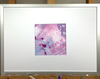 Maleńki, zabawny abstrakcyjny obraz, różowo-białe kształty, idealny prezent, papier akwarelowy, sztuka 4 x 4 cale
