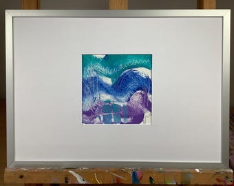 Mała, niebieska fala oceaniczna, malarstwo abstrakcyjne, niebiesko-białe kształty, akryl na papierze, 4 x 4 cale