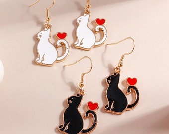 Cat earrings, Cat Dangle Earrings, ladies cat pendant earrings, black or white cat earrings, cat drop dangling earrings, black cat earrings
