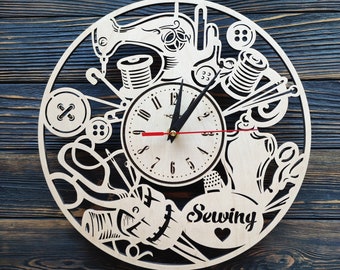 Large Wooden Sewing Room Wall Clock, Personalized Seamstress Gift, Custom Tailor Studio Decor
