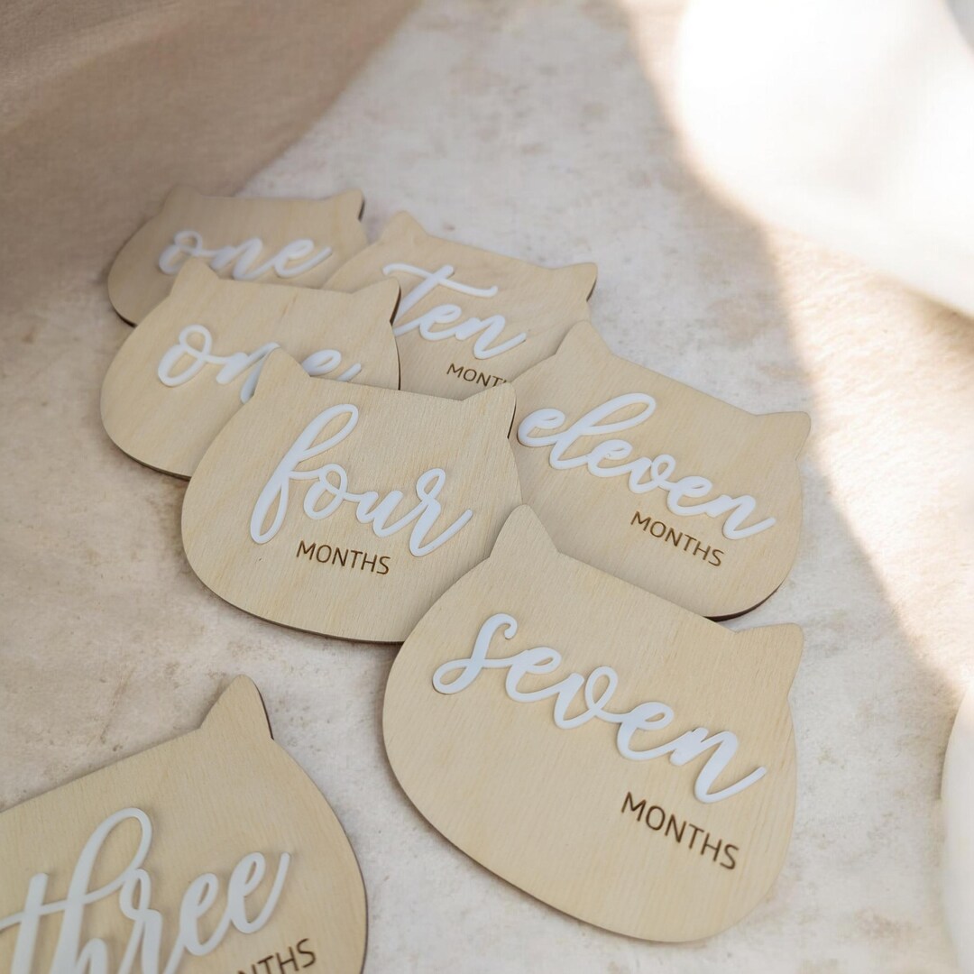 Set of 12 Cute Kittens Milestone Cards Monthly Baby Growth Disks Wooden ...
